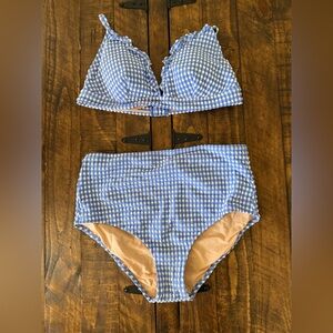 J. Crew Light Blue and White Gingham Seersucker Two-Piece Ruffle Bathing Suit